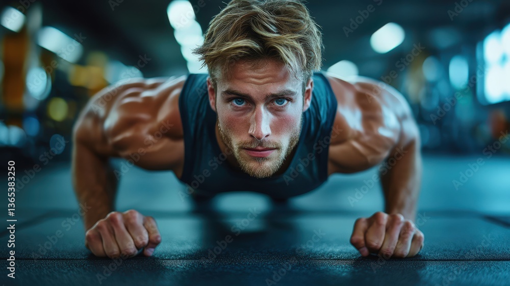 Fototapeta premium Muscular Man Doing Intense Push Ups in Modern Gym Fitness Workout Exercise