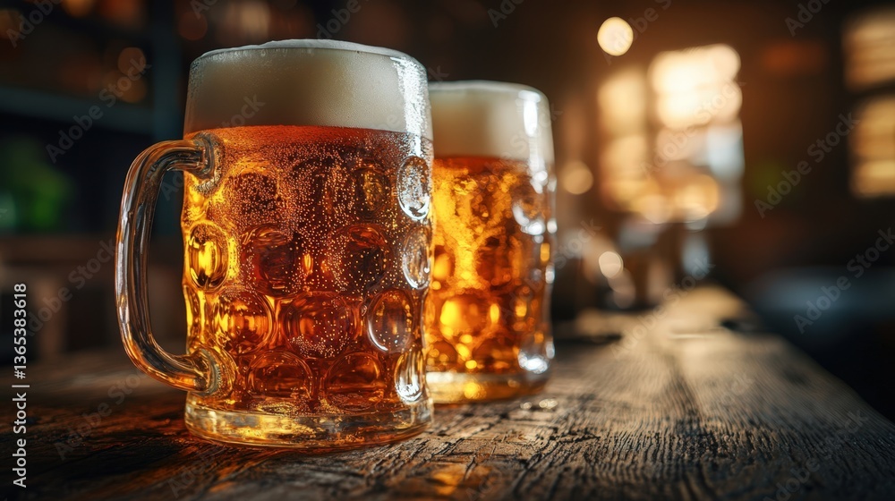 Two Glasses of Fresh Golden Beer on Rustic Wooden Bar Top in Pub Setting Two Glasses of Fresh Golden Beer on Rustic Wooden Bar Top in Pub Setting