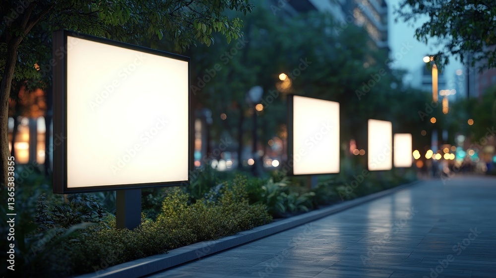 Fototapeta premium Empty illuminated advertising billboards at night in a city street