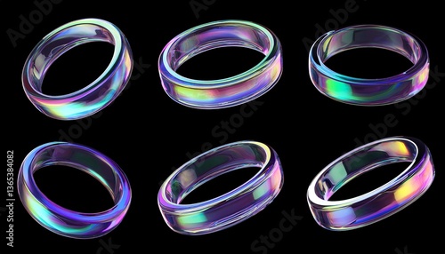 Glass or crystal ring in different angle view, 3d render. Abstract figure of geometric shape