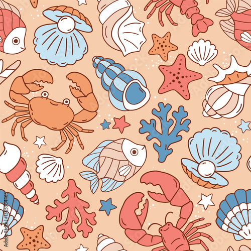 Seamless vector pattern with cute crab, fish, shell, seastar and lobster. Exotic underwater sealife illustration. Hand drawn summer holiday beach background. Perfect for textile, wallpaper or print. 