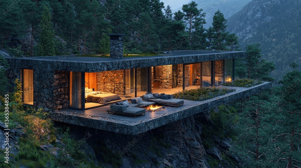 Obraz premium Mountaintop Modern Cabin with Outdoor Fire Pit at Dusk