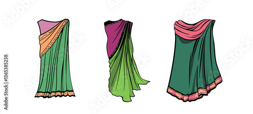 Colorful draped fabrics showcasing elegant saree designs in vibrant green and pink hues