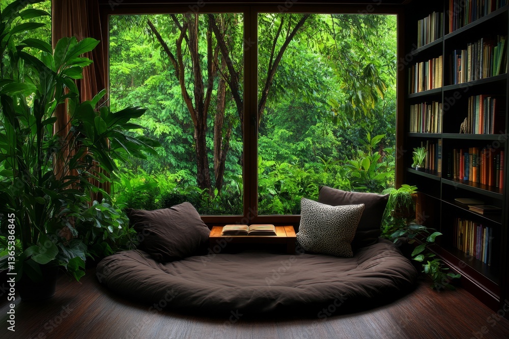 Fototapeta premium A cozy Bohemian reading nook, with floor cushions, a wooden bookshelf, and soft sunlight filtering through lace curtains