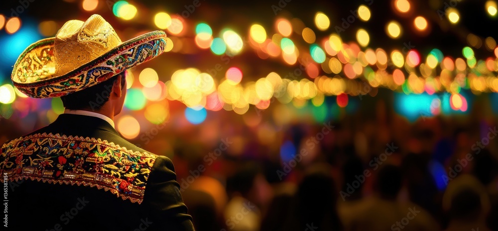 Back view of mariachi performer wearing detailed sombrero and embroidered suit, surrounded by dazzling lights, exuding festive spirit. Concept of Cinco de Mayo, Mexican fiesta, celebration, party Back view of mariachi performer wearing detailed sombrero and embroidered suit, surrounded by dazzling lights, exuding festive spirit. Concept of Cinco de Mayo, Mexican fiesta, celebration, party