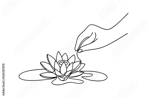 Single Line Drawing Hand Gently Touches Water Lily Flower