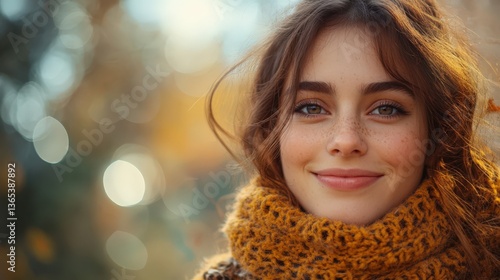 Wallpaper Mural Beautiful Freckled Woman Smiling Outdoors in Autumn Wearing a Knitted Scarf Torontodigital.ca