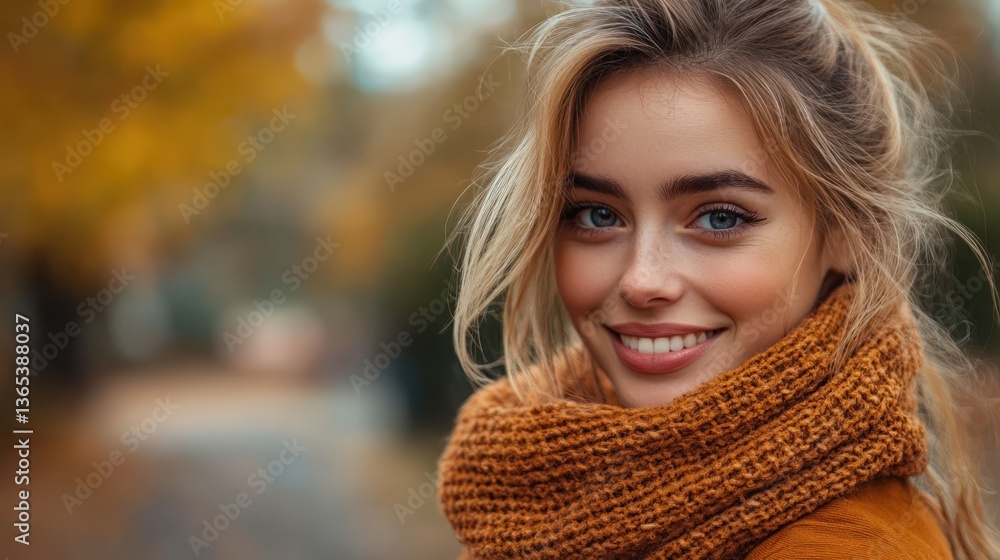 Happy young woman smiling outdoors in autumn wearing a warm knitted scarf Beautiful blonde female model portrait Happy young woman smiling outdoors in autumn wearing a warm knitted scarf Beautiful blonde female model portrait