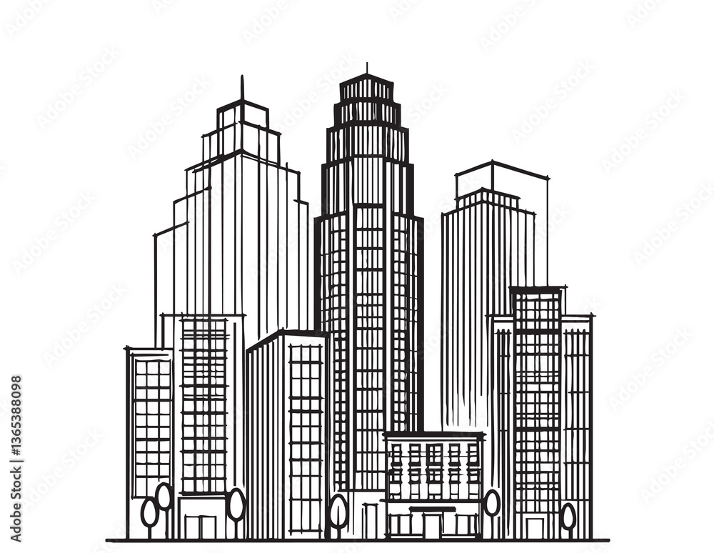 Naklejka premium City skyline isolated on white background. Modern city skyscraper, cityscape buildings