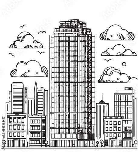 City skyline isolated on white background. Modern city skyscraper, cityscape buildings