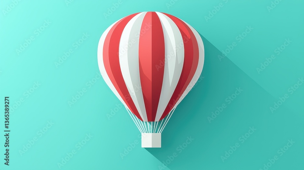 Naklejka premium A colorful hot air balloon floats against a turquoise background, showcasing red and white stripes in a minimalist design.