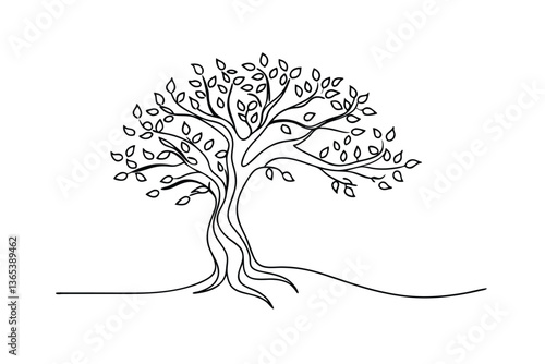 Single Line Drawing of a Leafy Tree with Roots