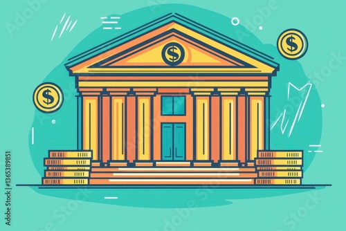 A colorful illustration of a bank building with dollar signs and coins, symbolizing finance and economics.
