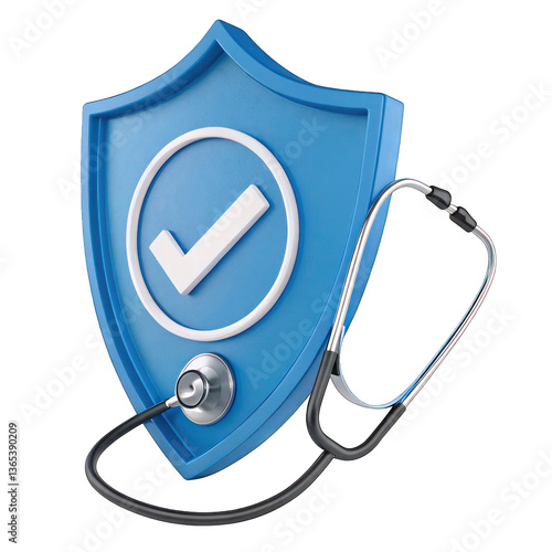 Blue shield icon, white checkmark, medical stethoscope, 3D rendering,  isolated on transparent background