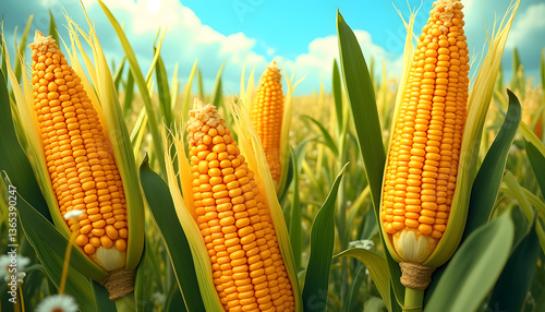  Corn: a colorful illustration of ripe corn cobs with golden kernels and green leaves. Image of corn in a field with other plants, under a bright sun to convey the feeling of summer harvest.