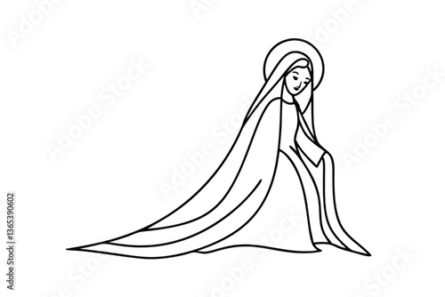 Kneeling Virgin Mary, Line Art, Christian, Religious, Prayer, Faith, Holy, Devotion, Simple, Design