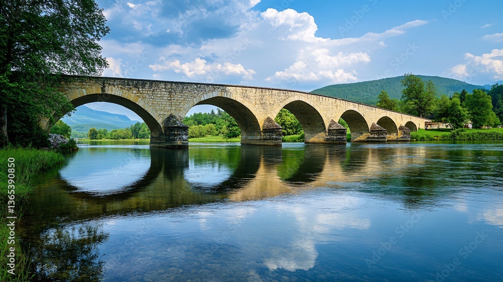 Fototapeta premium Serene Reflections: Classic European Bridge Over Tranquil River