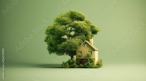 A Yellow House Embraced by Nature  A Serene Blend of Architecture and Lush Foliage on green background