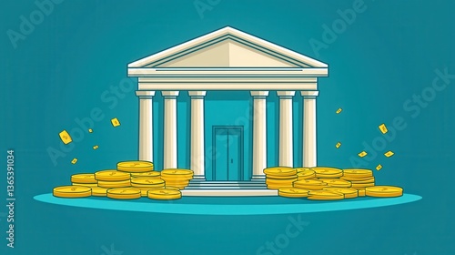 A stylized illustration of a bank building surrounded by stacks of coins and floating dollar bills, symbolizing wealth and finance.