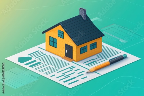 A colorful illustration of a house on a document, accompanied by a pen, symbolizing home ownership or real estate processes.