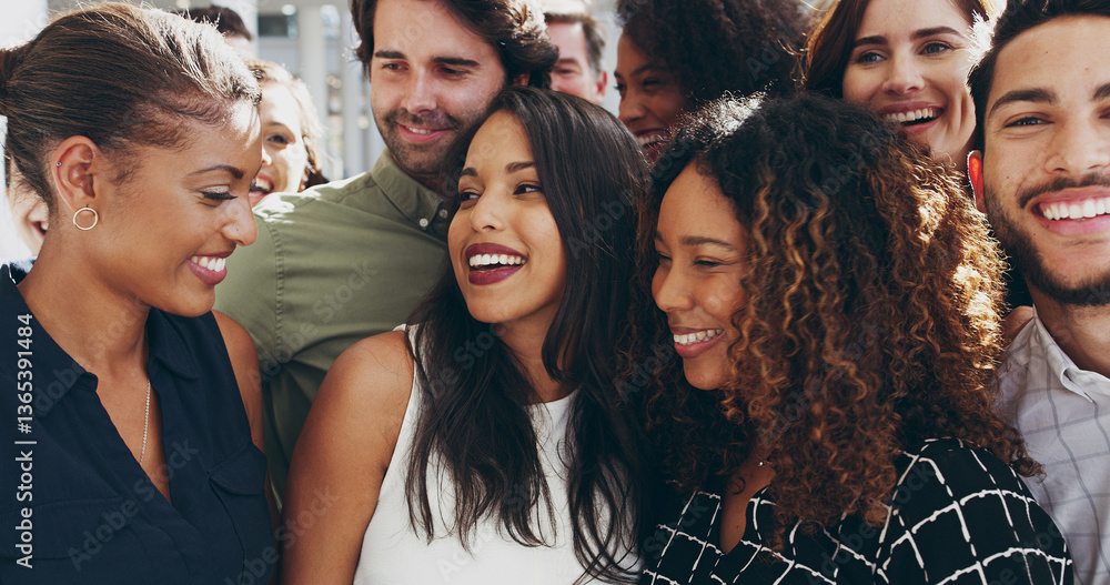 Fototapeta premium Friends, laughing and business people hug in office together for love, support and team building. Smile, happy and group of employees in company workplace for bonding, diversity and collaboration