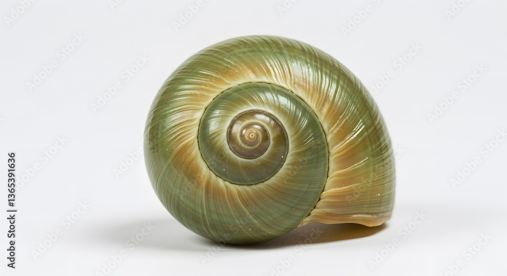 Close up of a green and tan snail shell with a spiral pattern on a white background in studio lighting Close up of a green and tan snail shell with a spiral pattern on a white background in studio lighting