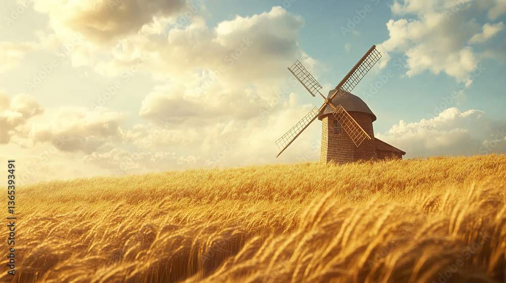 Fototapeta premium rustic windmill stands in golden wheat field under cloudy sky