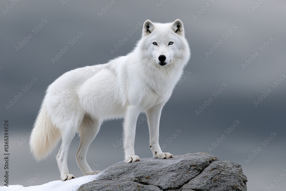 Obraz premium A lone arctic wolf standing on a snowy cliff, overlooking the frozen tundra