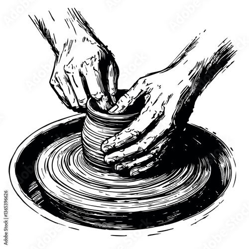 Potter's Hands Shaping Clay on a Spinning Wheel Drawing