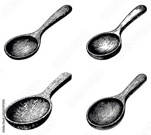 Vintage Hand Drawn Wooden Spoon Illustration in Black and White