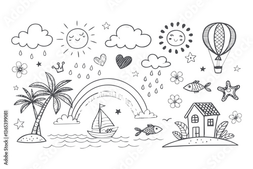 Hand drawn tropical tree and beach vector illustration set for summer vacation and travel designs