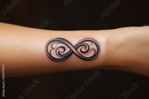 A simple infinity symbol tattoo on a wrist, representing eternity and connection