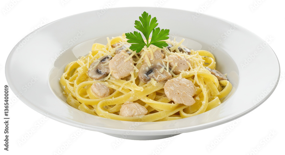 Isolated Pasta with chicken and mushrooms Isolated Pasta with chicken and mushrooms