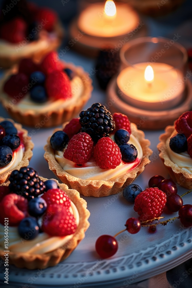 Delicious berry tarts arranged on a tray with soft candlelight creating a warm atmosphere during an evening gathering Delicious berry tarts arranged on a tray with soft candlelight creating a warm atmosphere during an evening gathering