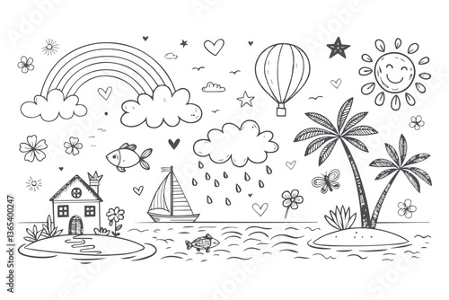 Hand drawn tropical tree and beach vector illustration set for summer vacation and travel designs