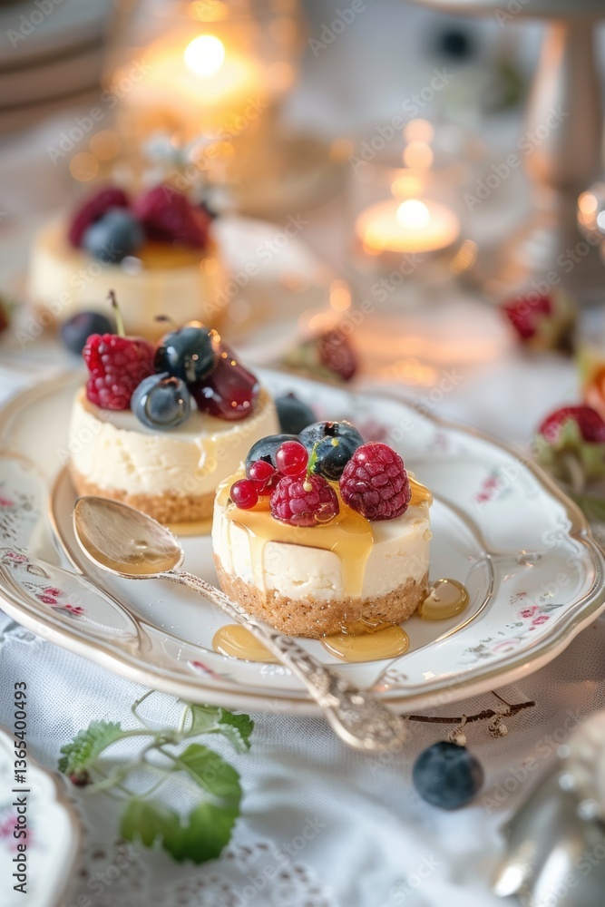 Delicious mini cheesecakes topped with fresh berries and honey on a beautifully set table in a cozy dimly lit atmosphere Delicious mini cheesecakes topped with fresh berries and honey on a beautifully set table in a cozy dimly lit atmosphere