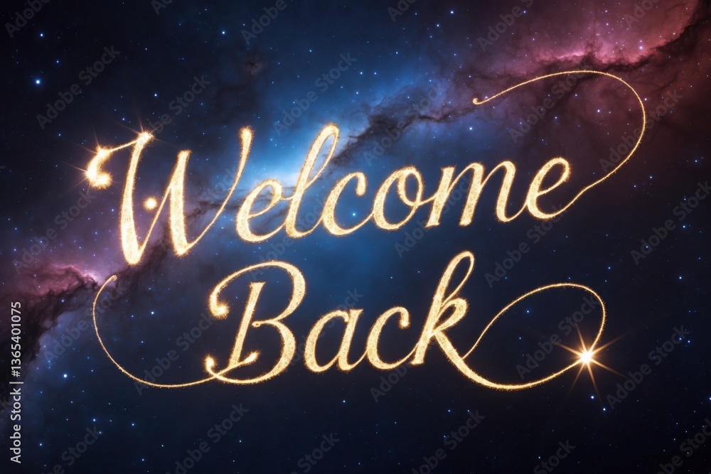 Starry night sky with shimmering text that says 'Welcome Back' in elegant script, creating a cosmic and inviting atmosphere Starry night sky with shimmering text that says 'Welcome Back' in elegant script, creating a cosmic and inviting atmosphere