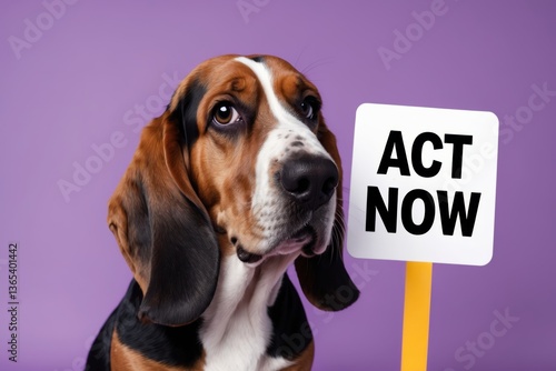 A beagle dog with expressive eyes holding a sign that says 'Act Now' against a vibrant purple background, conveying a sense of urgency and charm