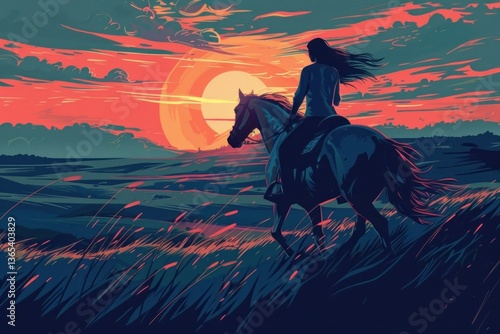 Woman riding horse in countryside during sunset in the style of graphic novel outdoors cartoon mammal.