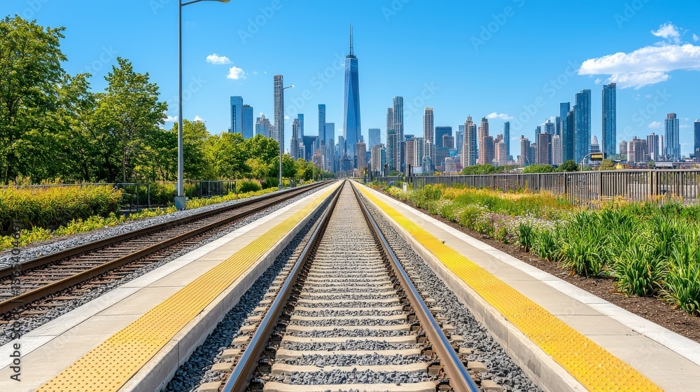 Naklejka premium City Skyline Railway: Capture the essence of urban travel with a pristine railway track stretching into a towering city skyline, set against a vivid blue sky.