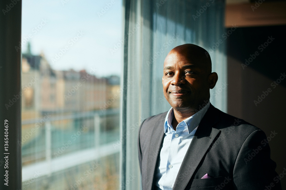 Portrait of smiling bald male entrepreneur near window at office Portrait of smiling bald male entrepreneur near window at office