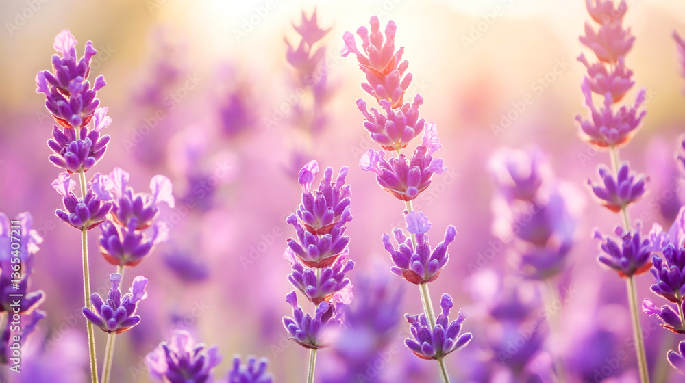 Obraz premium Soft-focus view of a stunning lavender flower field in full bloom, with a blurred natural flower backdrop.