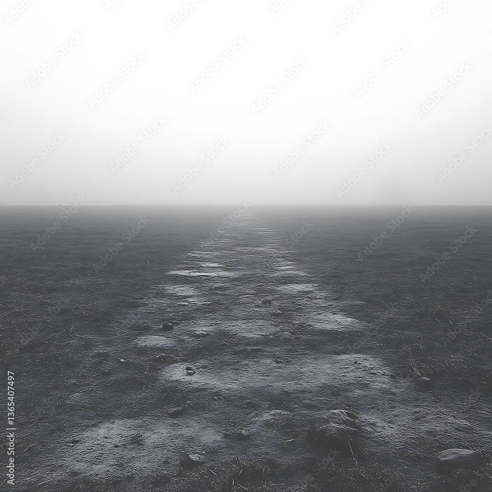 Fototapeta premium Foggy field path, vanishing point, misty landscape, rural scene, travel brochure