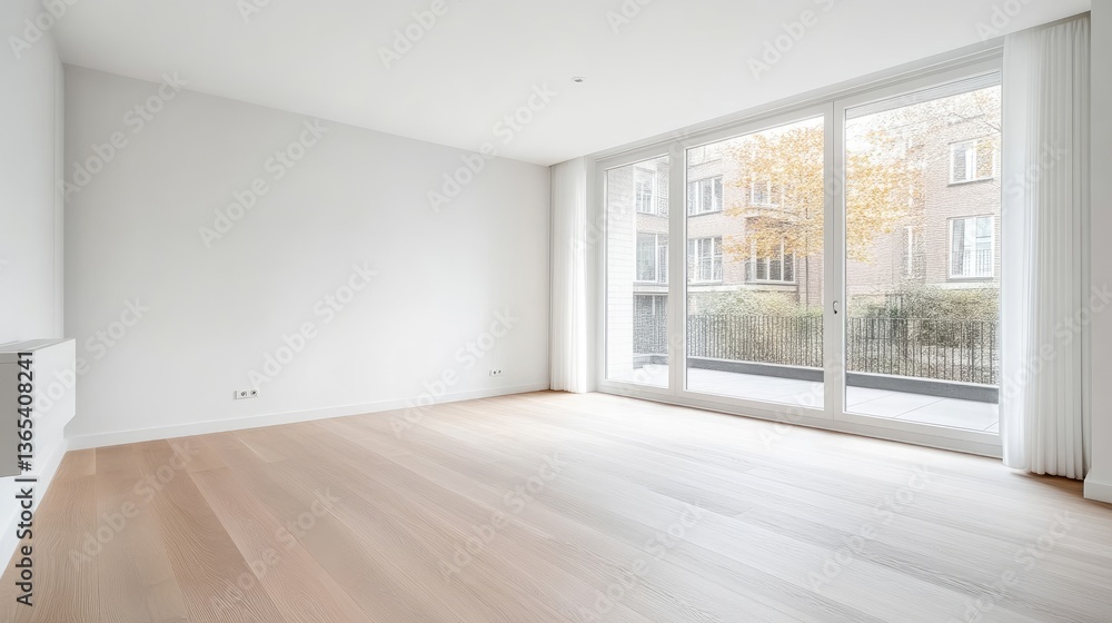 Fototapeta premium Empty, modern apartment interior. Spacious, bright living area with large windows
