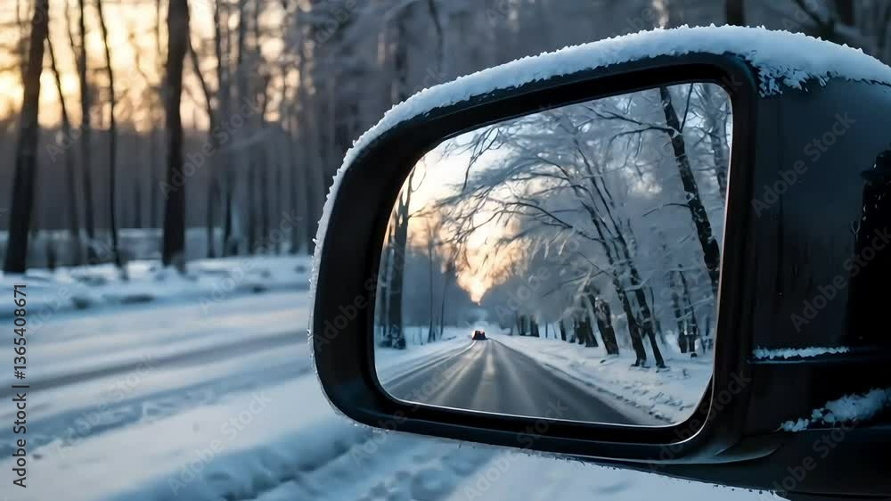 Winter landscape reflection in car mirror during sunset with snow-covered trees Winter landscape reflection in car mirror during sunset with snow-covered trees