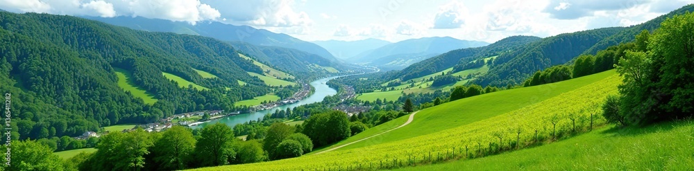 Fototapeta premium Scenic view of the Rhine Valley in Canton St Gallen, Switzerland, with lush green fields, vineyards, and rolling hills, scenic, fields