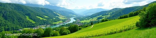 Scenic view of the Rhine Valley in Canton St Gallen, Switzerland, with lush green fields, vineyards, and rolling hills,  scenic,  fields