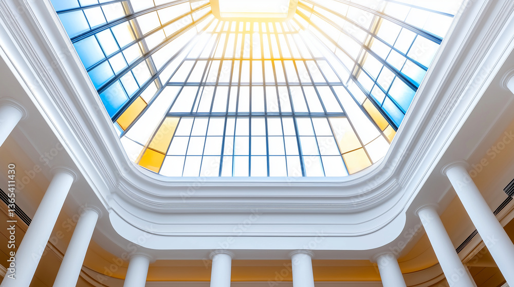 Obraz premium architectural view of a building's interior, featuring white columns supporting a multi-tiered ceiling with a glass skylight letting in sunlight.