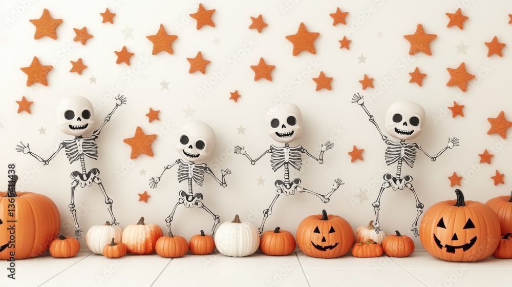 Playful skeletons celebrate Halloween among pumpkins and stars in a festive scene.