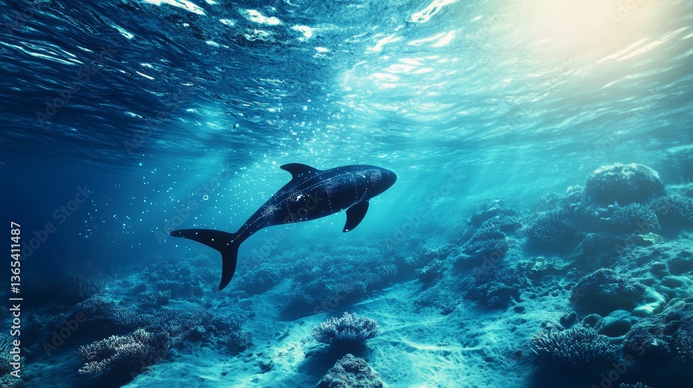 Obraz premium An AI powered autonomous underwater vehicle, surveying marine ecosystems for scientific research and environmental monitoring, Marine tech style
